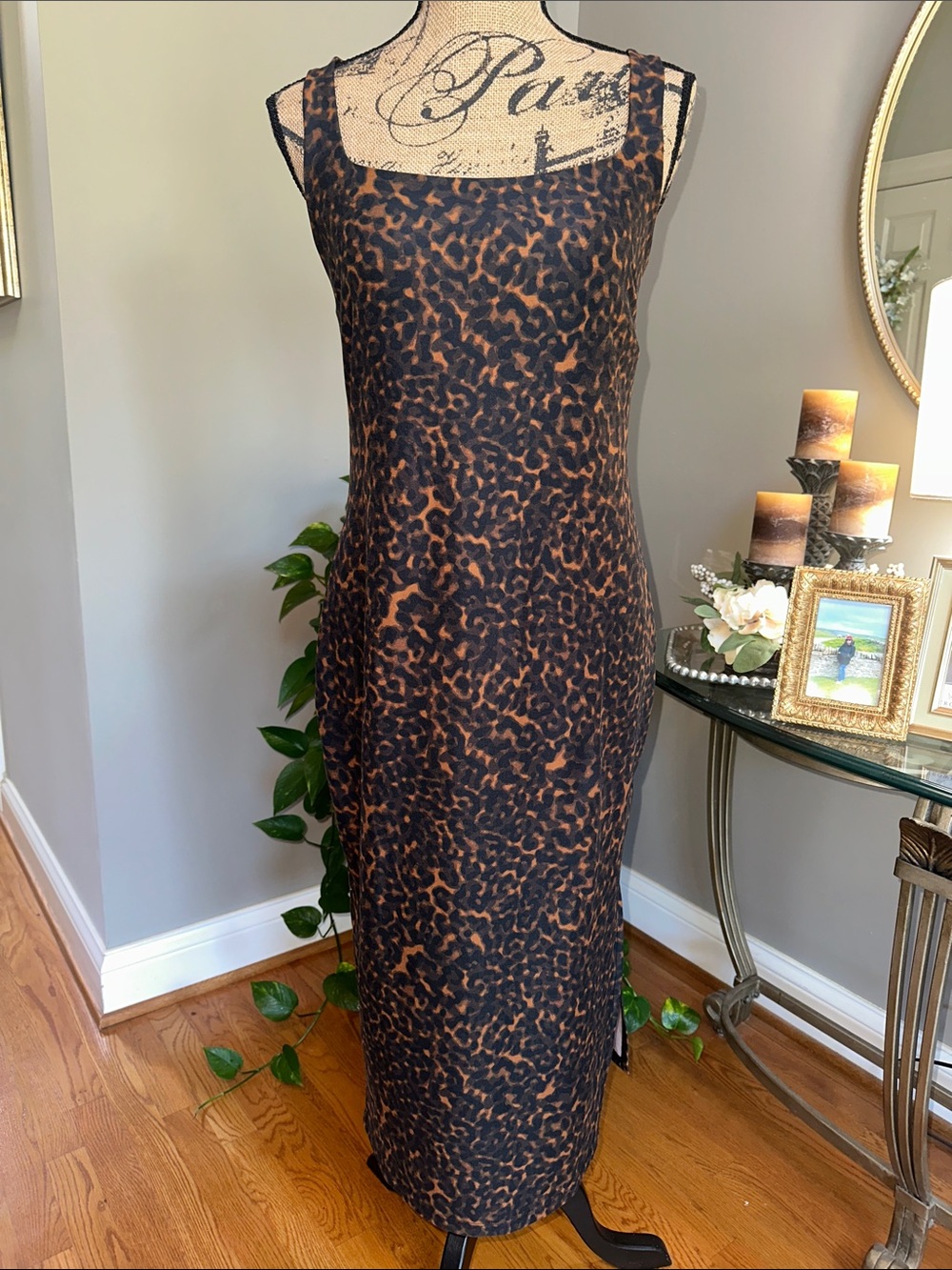 Beyond Yoga Black and Brown Leopard-Print Midi Tank Dress size Large